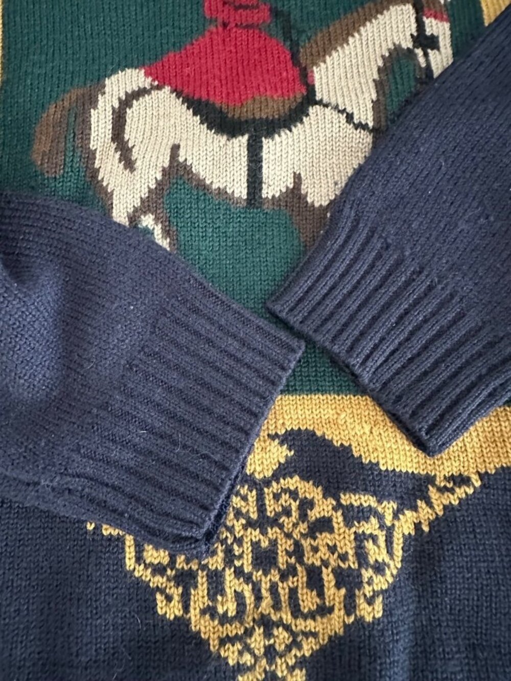VTG 90s 100% Wool Horse Riding Equestrian Navy Crewneck Sweater Grandmillennial - Picture 5 of 8